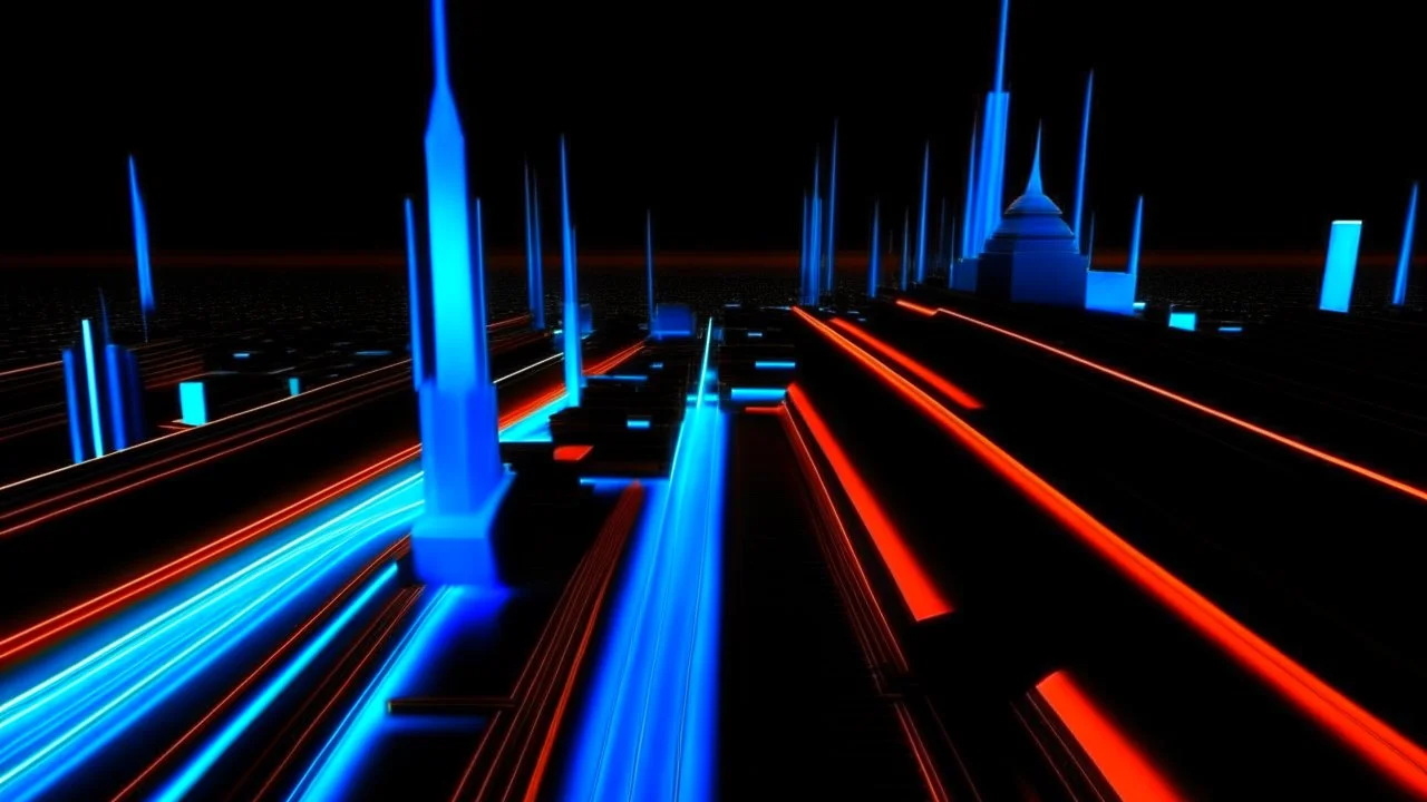 tron legacy movie, city, blue, red and orange,