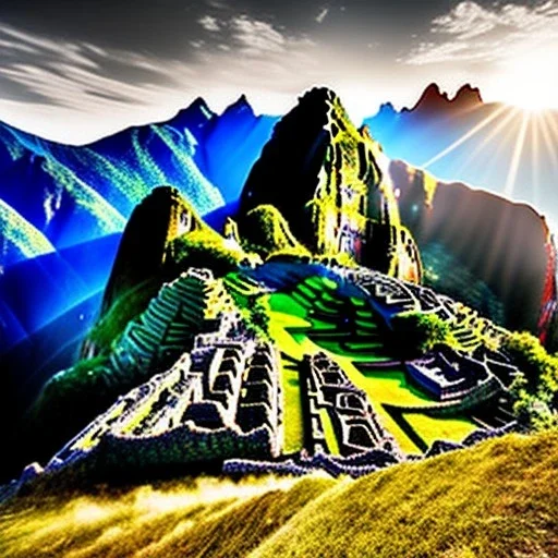 machupicchu , monet style, details, radiant, panoramic, sun, realistic, people