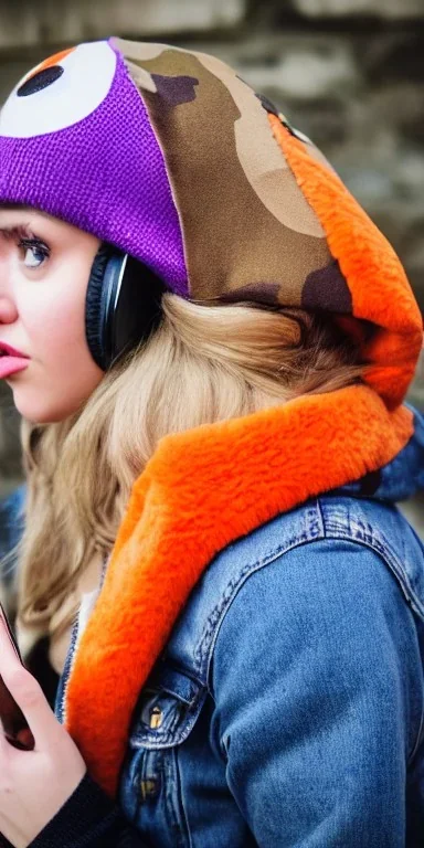 Brunette taking selfie.thick thighs,thick calves,flat belly,curvy fell. big head. Mantle is sewed of upcycled Denim and sewed together of camouflage pieces. Pieces' color are orange, cream and purple. It is with big bright purple felt tippet and birght-colored-hood is merged with colorful beanie. Big colored headphones (gold rings!) is merged with small felt cap with small visor. Style: Haute Couture in 1950's Africa, N.Y.C fashion in 2023