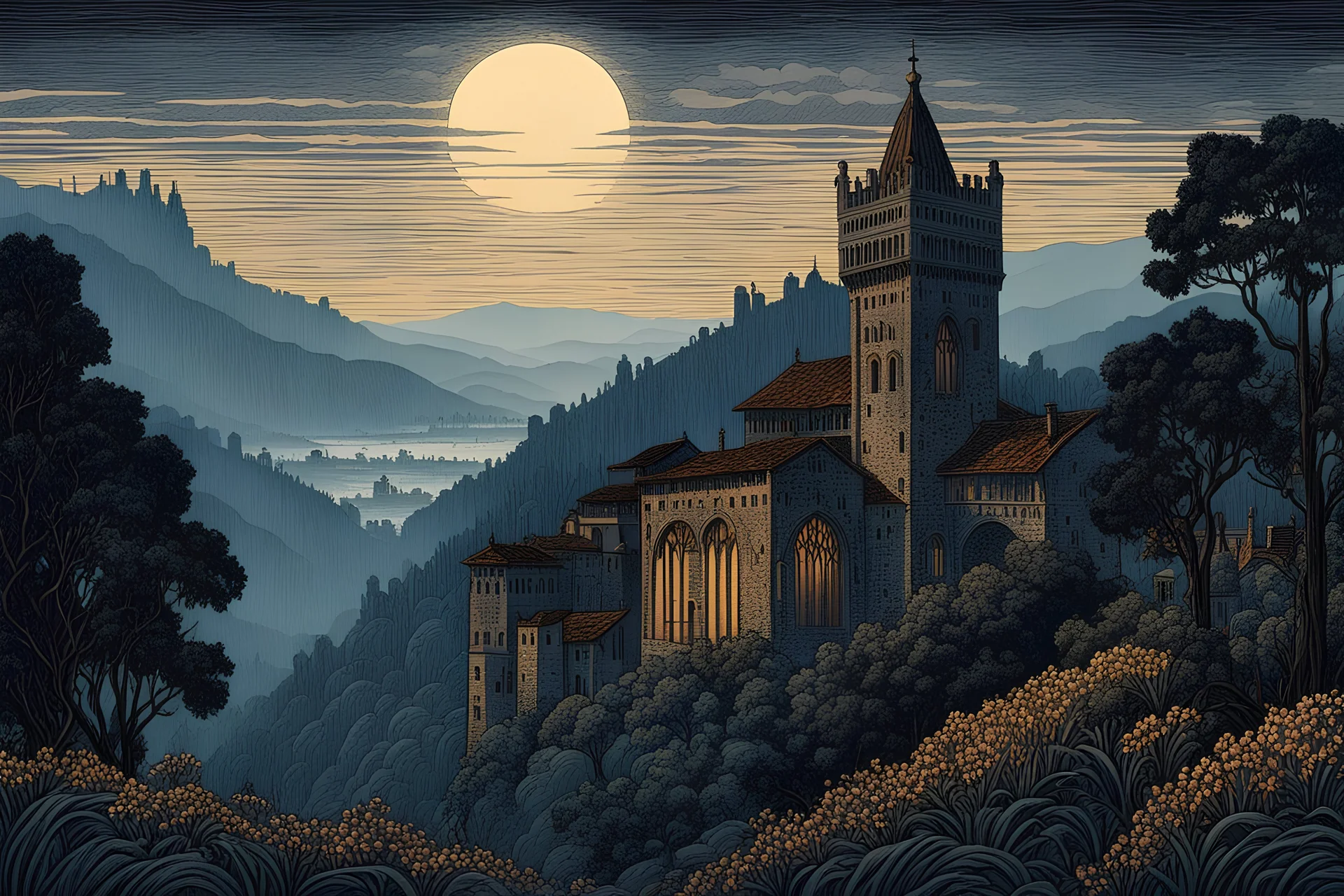 museum quality color woodcut landscape of a dark and foreboding medieval Italian tower house thickly veiled in dense fog , with highly detailed stonework in 10th century Florence , at midnight, in the style of Gustave Baumann, with a fine art aesthetic, highly detailed, finely cut ,8k render,