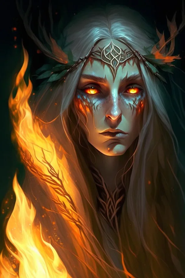 Female eladrin druid. Makes fire with her hands. Fire abilities. Long hair with fire texture. Eyes with fire reflection. A scar over left eye.