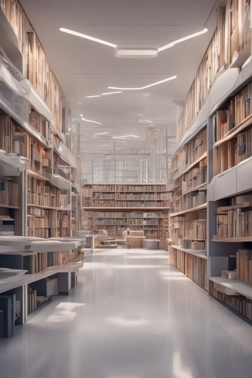 A modern library. Robotic book delivery, everything is automated. Cutting-edge library interior design. Everything is drawn in detail, in high resolution. 8k