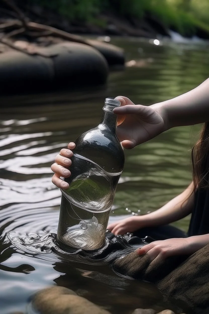 Tangan anak perempuan mengambil botol hanyut di sungai