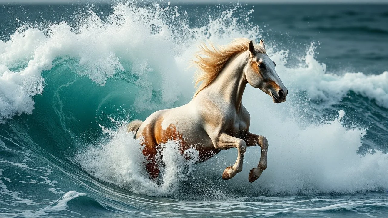Dramatic composition that juxtaposes the force of nature (the turbulent waves) with the dynamic movement of the horse.