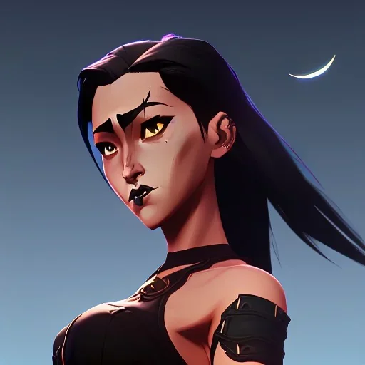 black hair lady warrior top with blade under the Moon