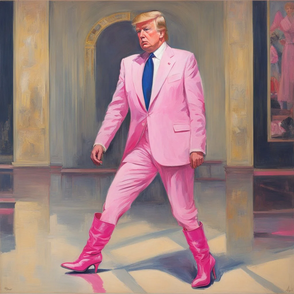 [Kupka] Donald Trump in a pink battlesuit pink gloves and pink high heel boots. The Ministry of Silly Walks.