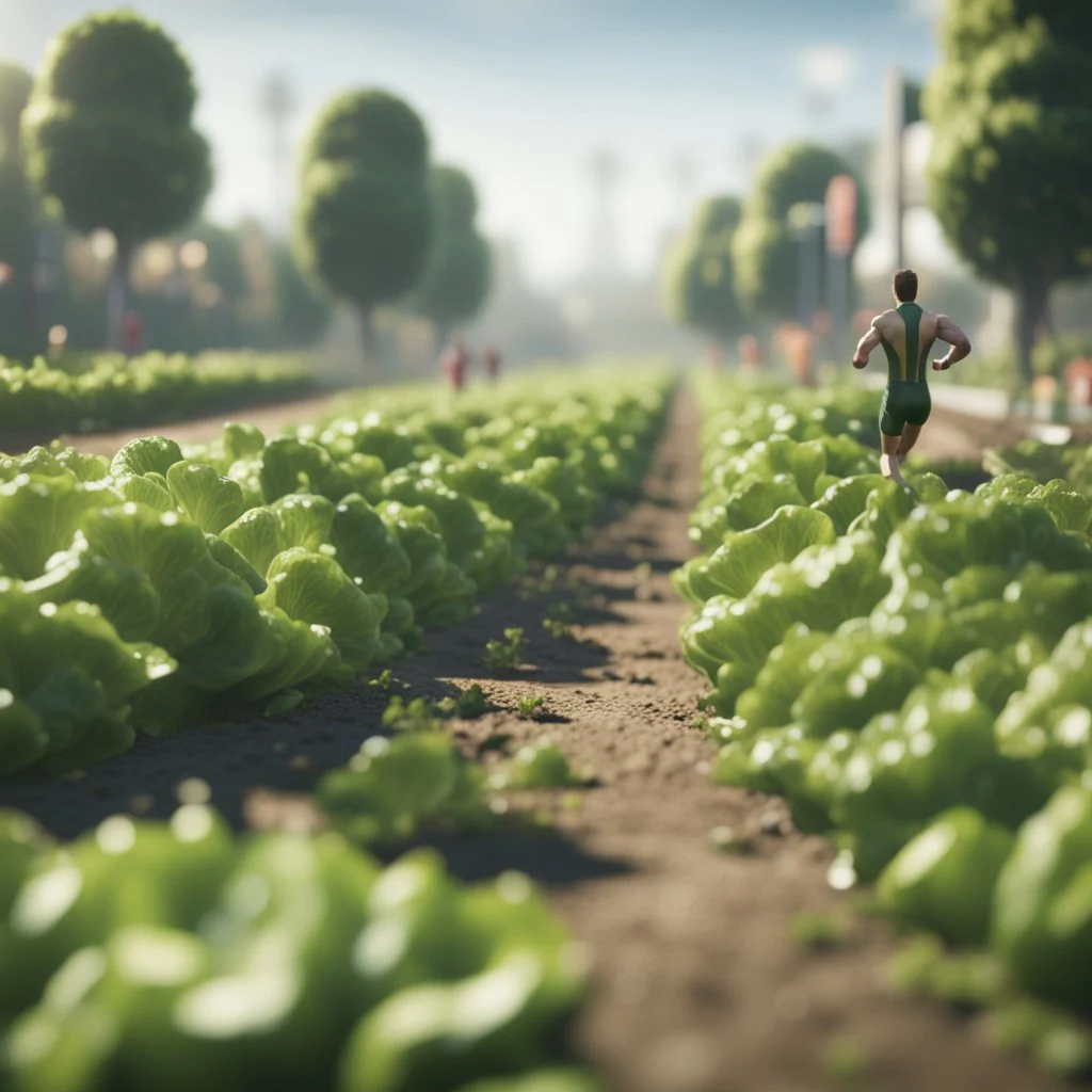 400 m hedge championship running on lettuce, in the style of a fallout 4,bokeh like f/0.8, tilt-shift lens 8k, high detail, smooth render, down-light, unreal engine, prize winning