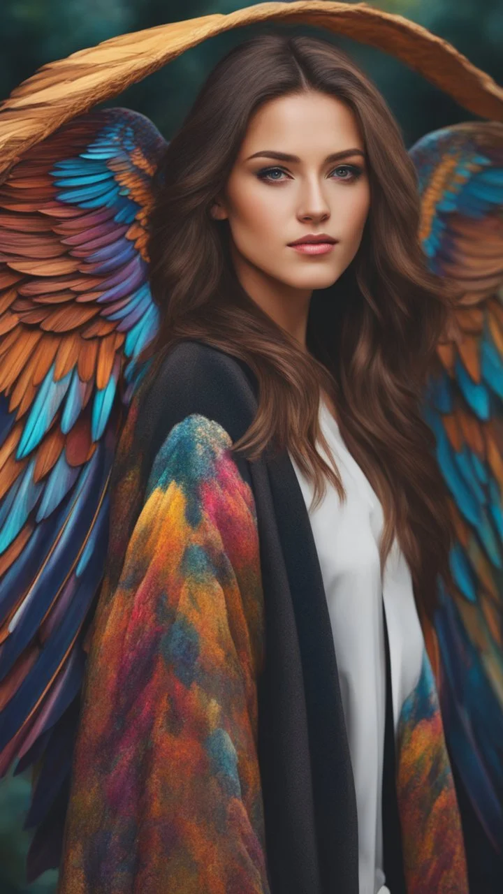 Young woman angel, lovely face, Dark brown eyes, elegant coat, ashen medium hair, colorful wings, outdoors, realism, dynamic lighting hyperdetailed intricately detailed photo triadic colors