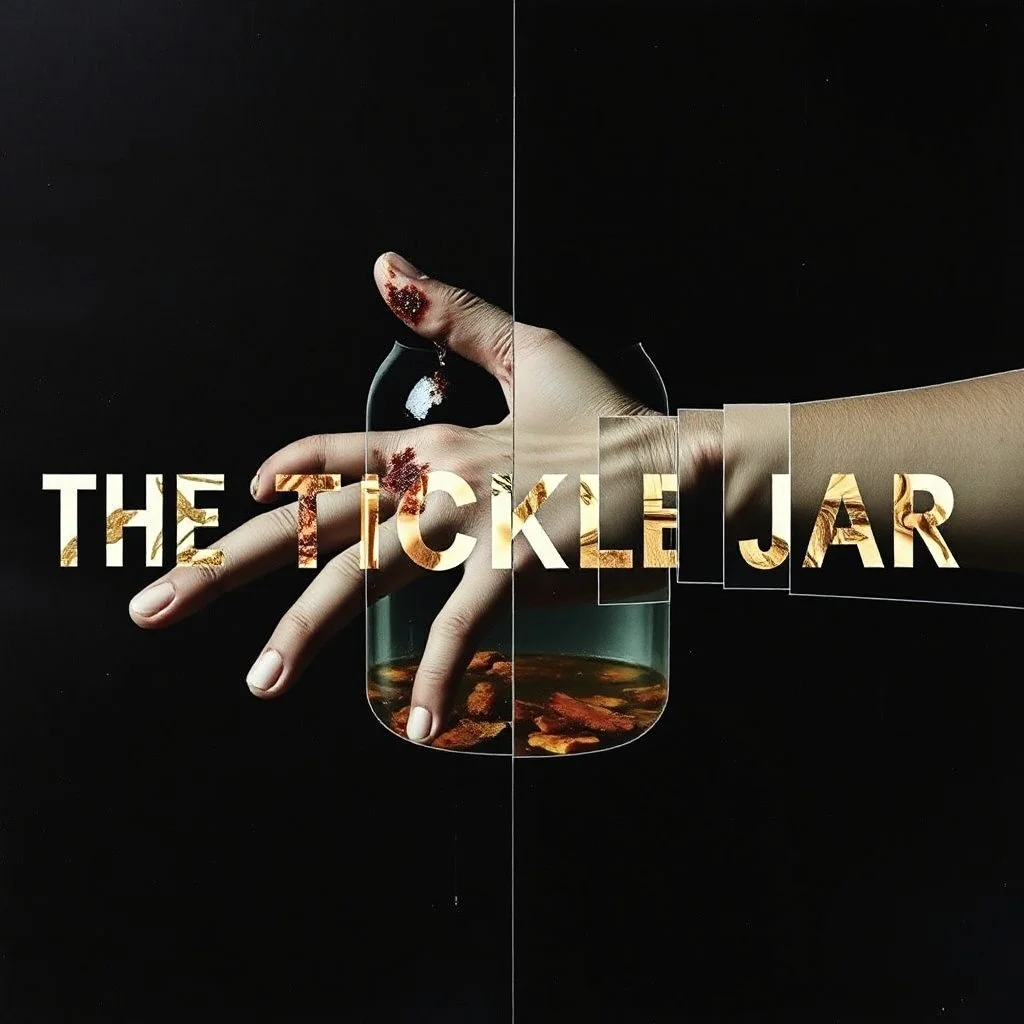 unbalanced color photographic collage featuring dark negative space, TEXT "THE TICKLE JAR", nihilistic, segmented arm like a cutaway schematic, loose fingers in a brine, sequencing image coherence across multiple panels, foreboding, abstract quirky juxtapositions