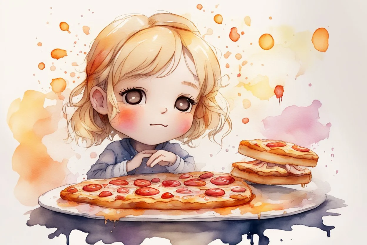 beautiful composition, a blonde chibi girl dreaming about pizza and cake, melting watercolor and black ink outlines on wet paper, soft, shading strokes, in sunshine, ethereal, otherwordly, cinematic postprocessing, bokeh, dof