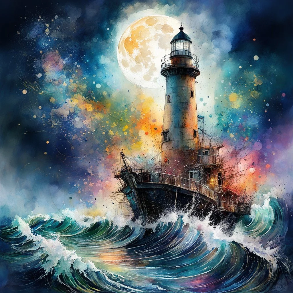 lighthouse landscape splashy Watercolor, by Josephine Wall and Pascal Campion, by Carne Griffiths, full moon, old whaling ship, chaotic cinematic pastel colors, expansive, high contrast, colorful polychromatic, ultra detailed, ultra quality, perfect Wide long-shot visual masterpiece, dramatic stormy night