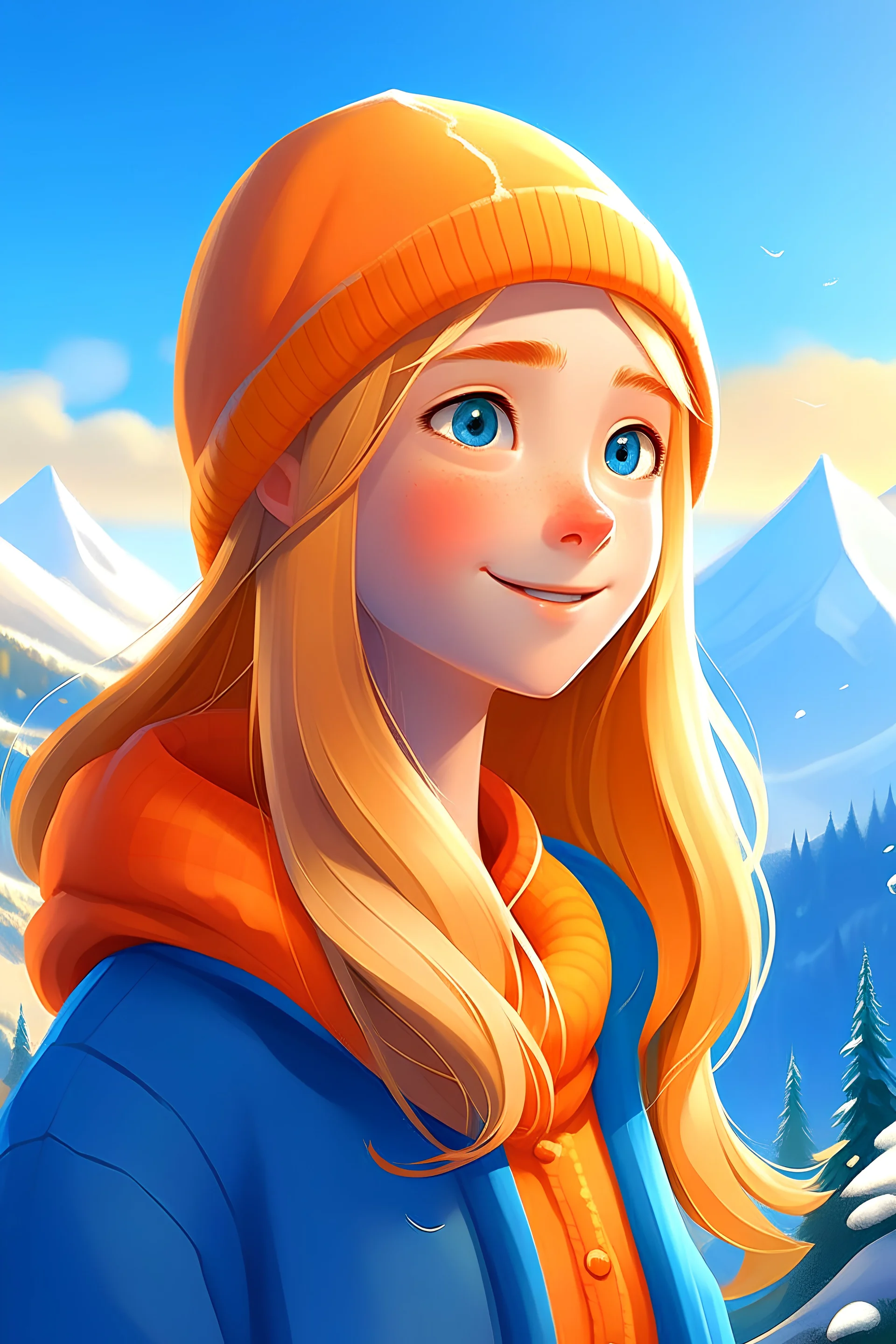 a cartoon 15 year old girl with blue eyes and long orangey blonde hair wearing a Christmas hat standing on top of a mountain with good sunny weather