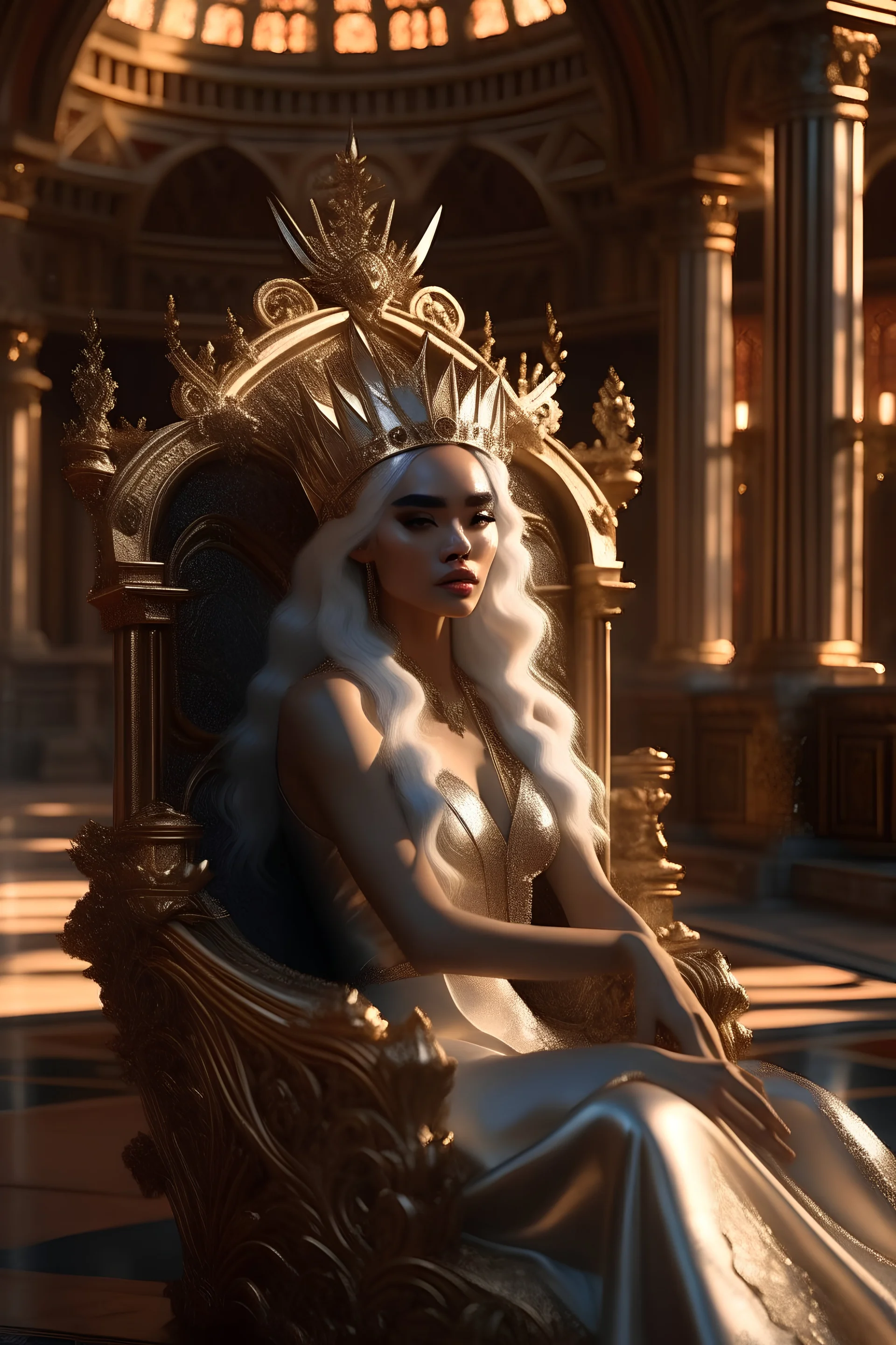 magical, mystical, majestic, beautiful mixed race queen with long wavy white hair, wearing a golden crown, sitting on golden throne, in the huge hall of the castle with carved columns, Macro photography, detailed, sharp focus, studio photo, intricate details, highly detailed, hyperrealism painting concept art of detailed character design, 4k resolution