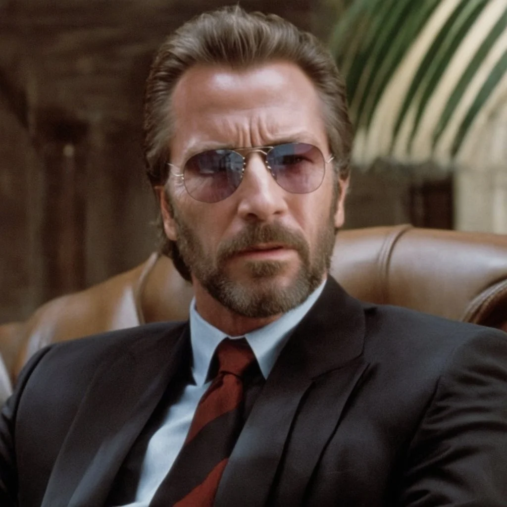 muscular Hans Gruber from the movie Die Hard, dark sunglasses