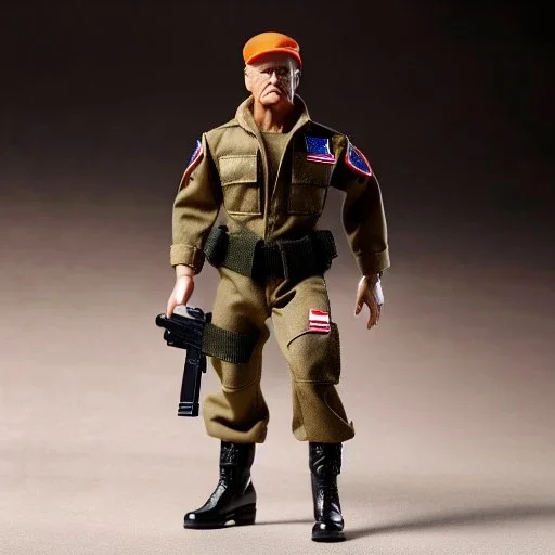 G.i. Joe toy camouflage khaki doll angry Donald Trump ((orange face)) with boots full body in package high resolution 2019, in a box with gun