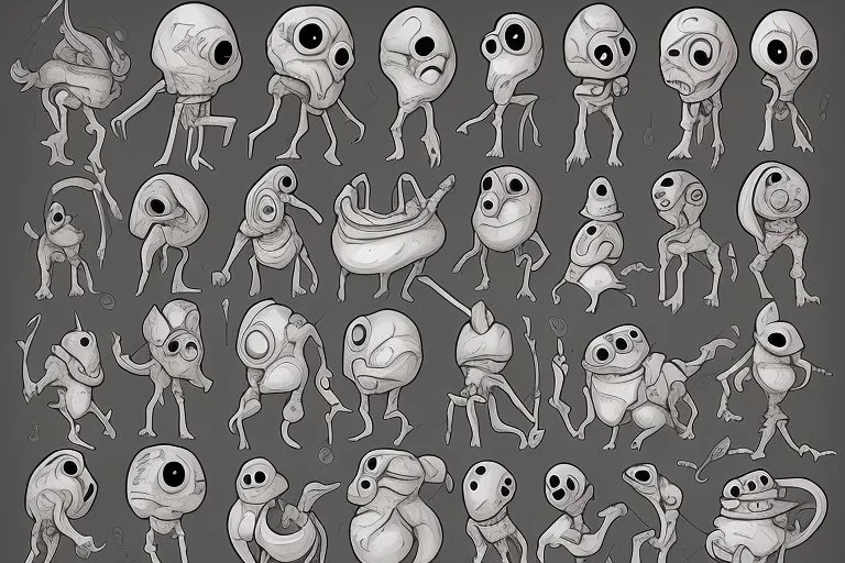 make a bunch of simple hand-drawn spooky and cute cartoon characters with bodies arms, and legs I could draw and make them all different