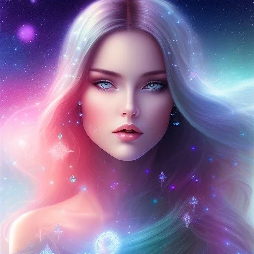 beautiful woman with long hair look the stars and northern aurora blue turquoise lights, blue, pink,