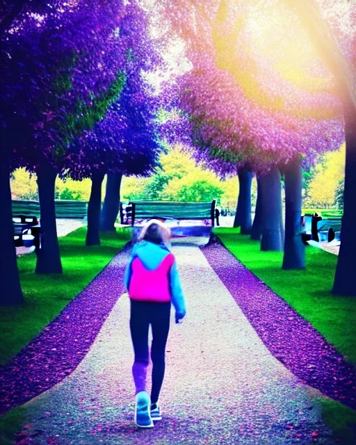 park mystical dream, park bench, man, woman, child, dog, pretty blue and purple trees, blue path, bird, jogger, sunshine, mystical, fantasy, romanticism, movie poster, cinematic, cinematic lighting, award-winning, beautiful colors, daylight, daytime, vibrant,