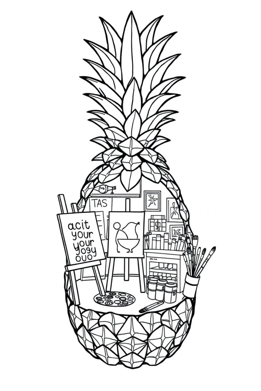 Pineapple Cozy Art Studio Coloring Page: A pineapple cross-section displaying an art studio. Features an easel, paint palettes, brushes, and artworks hung on the walls.