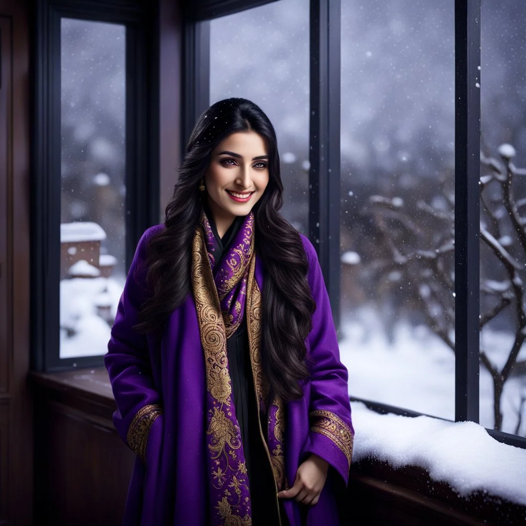 Hyper Realistic Photographic View Of A Gorgeous Pashto Young Woman (Wearing Long Purple Coat, Black Dress With Golden Embroidery & Wearing Purple Scarf On Her Neck) Alone Happily Standing & Smiling In Her Office Room With Her Beautiful Long Black Hair, With A Little Garden View From Outside Window At Dark Night With Heavy Snowfall View From A Fancy Window At Her Back Showing Dramatic & Cinematic Ambiance.