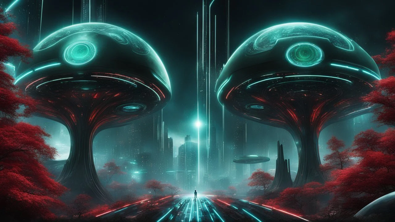 hyper realistic, tron legacy movie, space ships of the future, city of the future, green nad dark red trees , forest, space, planets, god status creations of the universe, face of an alien