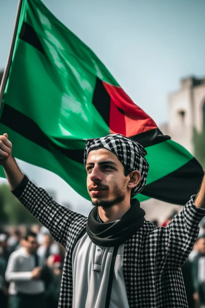 A young man stands and holds a large Palestinian flag in his hands and waves it while wearing a keffiyeh