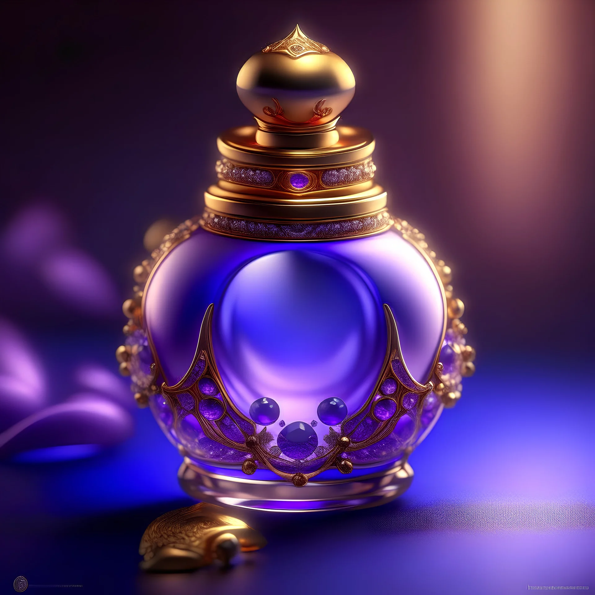 Golden round perfume bottle with purple crystal cap and small purple decorations. Illustrative art, art interpretation, concept art, cgsociety contest winner, seasonal art, seasonal art HD, 4k, 8k, intricate, detailed, intricately detailed, luminous, translucent fantasy crystal, holographic data, soft body, shadow play, light, fog, atmospheric, cinematic, light film, hyper-detailed, hyper-realistic, masterpiece, atmospheric, high resolution, 8k, HDR, 500px, mysterious and artistic digital art, p