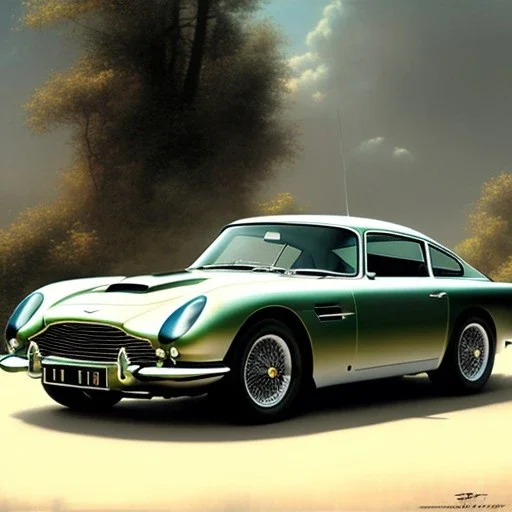 hyperrealism Drawing of 'Aston Martin DB5' three quarter frontal aerial view, by gaston bussiere, greg rutkowski, yoji shinkawa, yoshitaka amano, tsutomu nihei, donato giancola, tim hildebrandt,oil on canvas, cinematic composition,Sharp detail,extreme detail,fit full head inside picture,16k