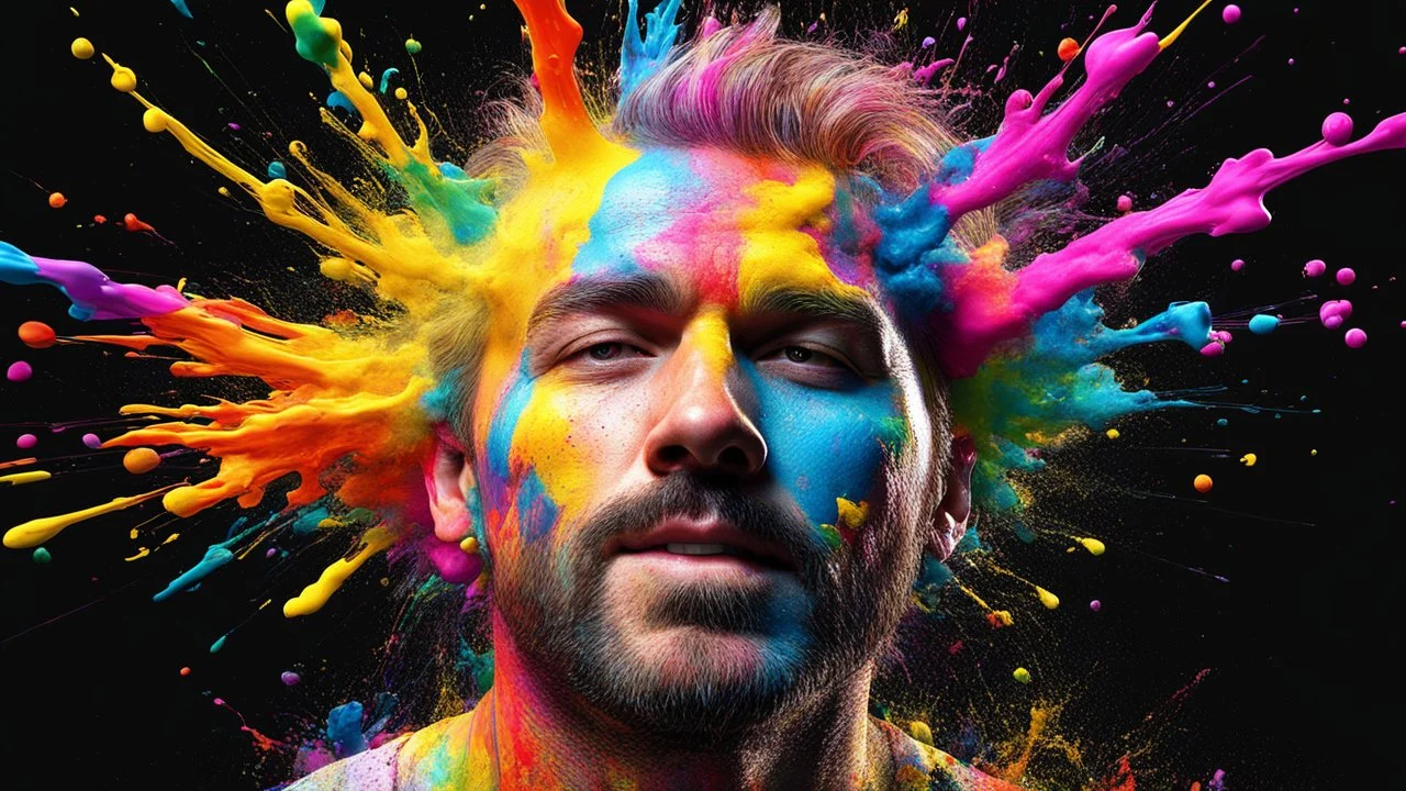 portrait of a man, Colorful paint explosion 3D, 4K, HDR, resolution, black background