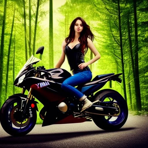 Very attractive woman sitting on a motorcycle. The bike is Yamaha. In the background is a forest. Realistic details. Photorealistic. 4K.