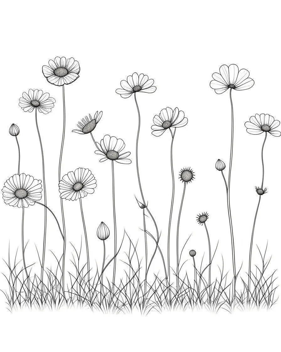 set of growing wind flower on the grace on ground, ONE lineS art, white background, minimalis, different view, only white bakcground solid.black ink