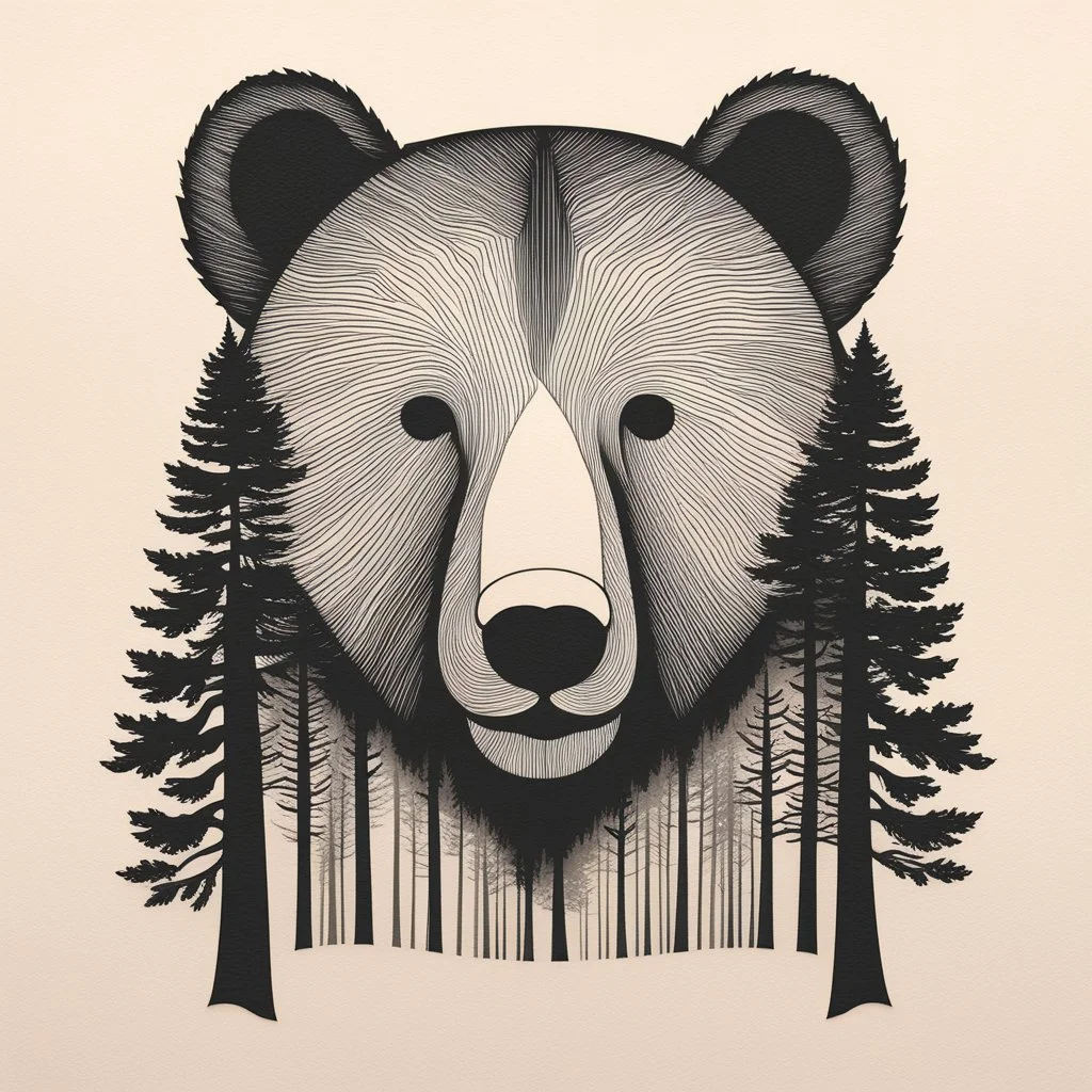 M shaped bear head combined with woods silhouette in background, letterpress style, minimalistic pencil art