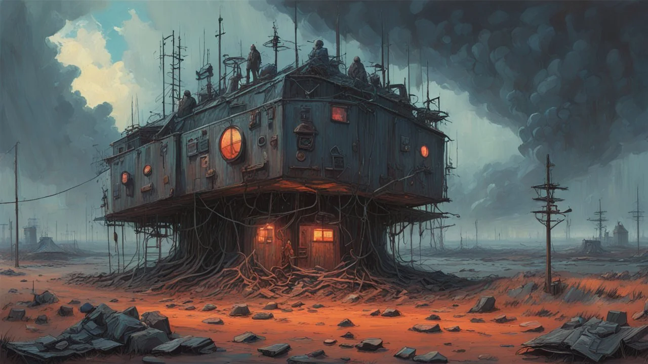 Strange surreal world, techno gothic bar, cyberpunk renaissance, Science fiction painting, Denis Sarazhin Simon Stålenhag, Nicolas Bruno, sinister vibes, harsh survivalism, Peter Sallesen, Hamish Frater, ominous sky