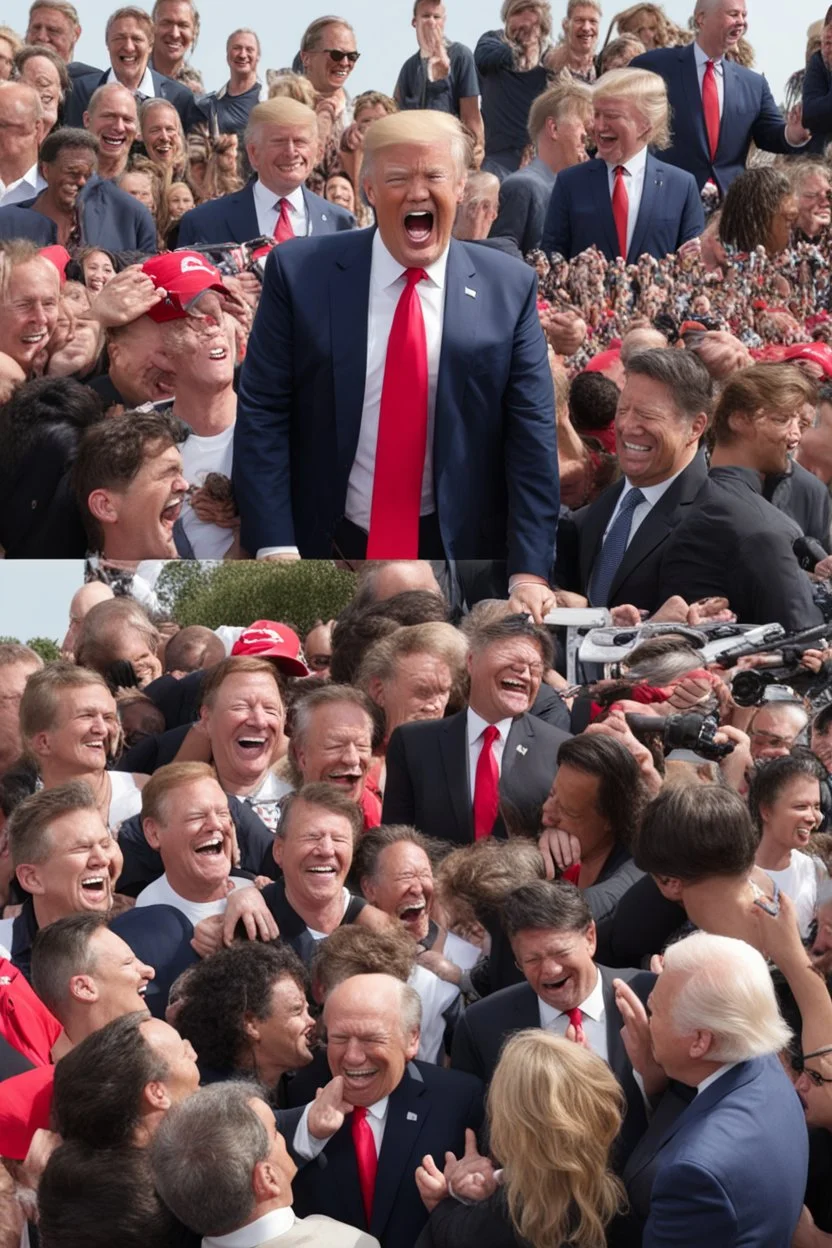 donald trump maniacally laughing while people kneel before him