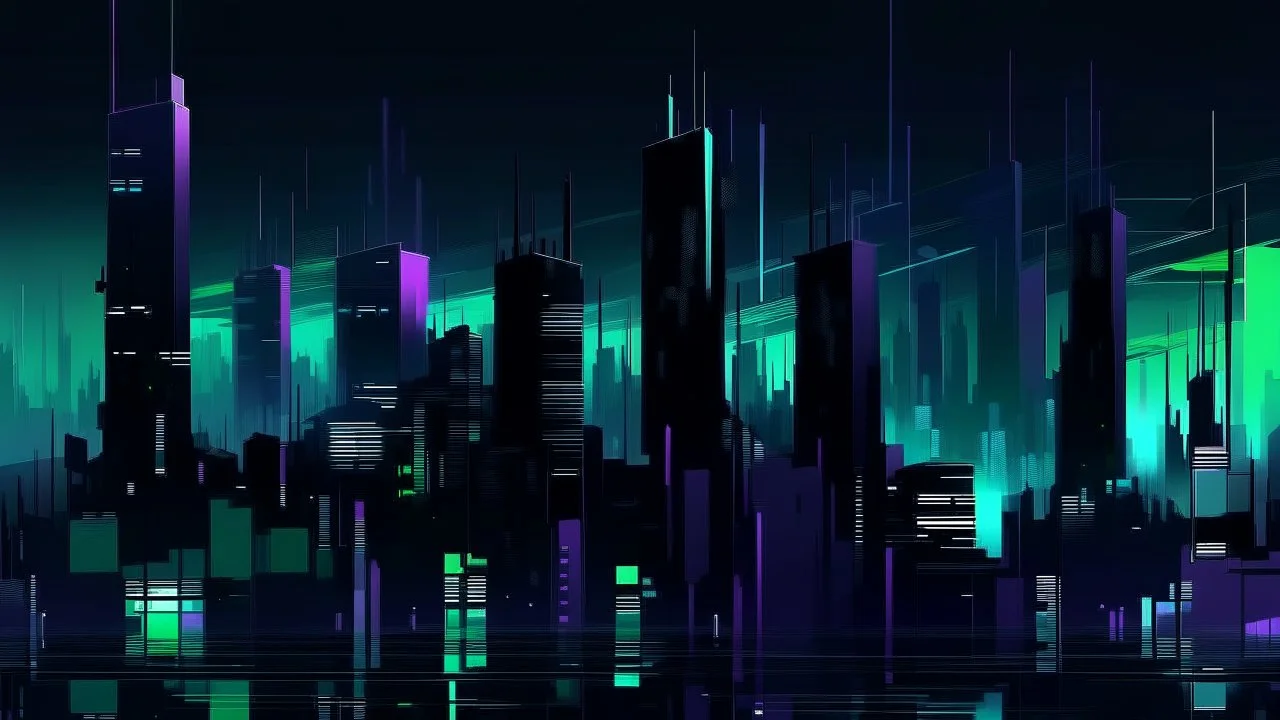 Digital painting of a minimalist and digital city with a dark background, colors are black, light blue and light green, and purple.