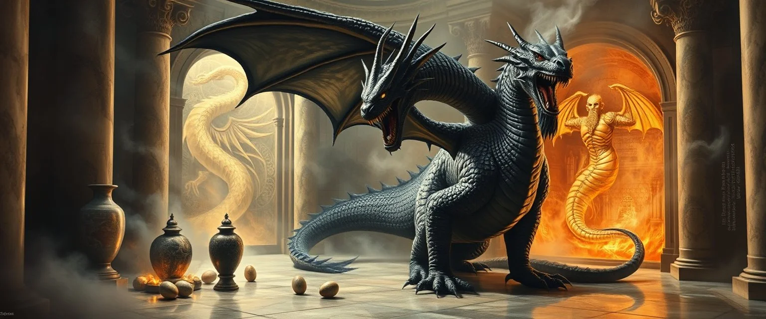 master oil painting by Escher and Giger, glaring vases and black humanoid reflective expressive long clunky obese elder dragon and hidden magic aura golden dragon with beard inside marble hall library, cryptic eggs, sacred geometry, fire fog and steam border, fire elemental creature, twisted dimensional portal for ice elemetals only