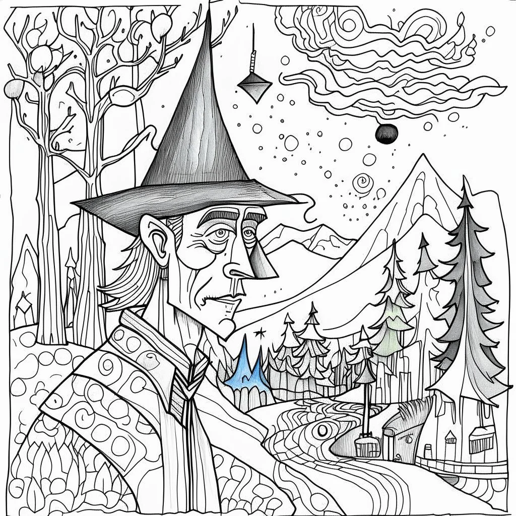 Outline art for coloring page with a cute mountain landscape white background, sketch style, only use outline, clean line art, white background, no shadows, clear outline reprezentand o imagine pe tema halucinatiilor provocate de droguri , cu culori primare tari, fantezie de înaltă definiție calitate clară, stiluri de Utagawa Hiroshige, Paul Klee Dee Nickerson și Tim Burton, acuarelă topită și contururi de cerneală neagră pe hârtie umedă, linii moi, umbrite