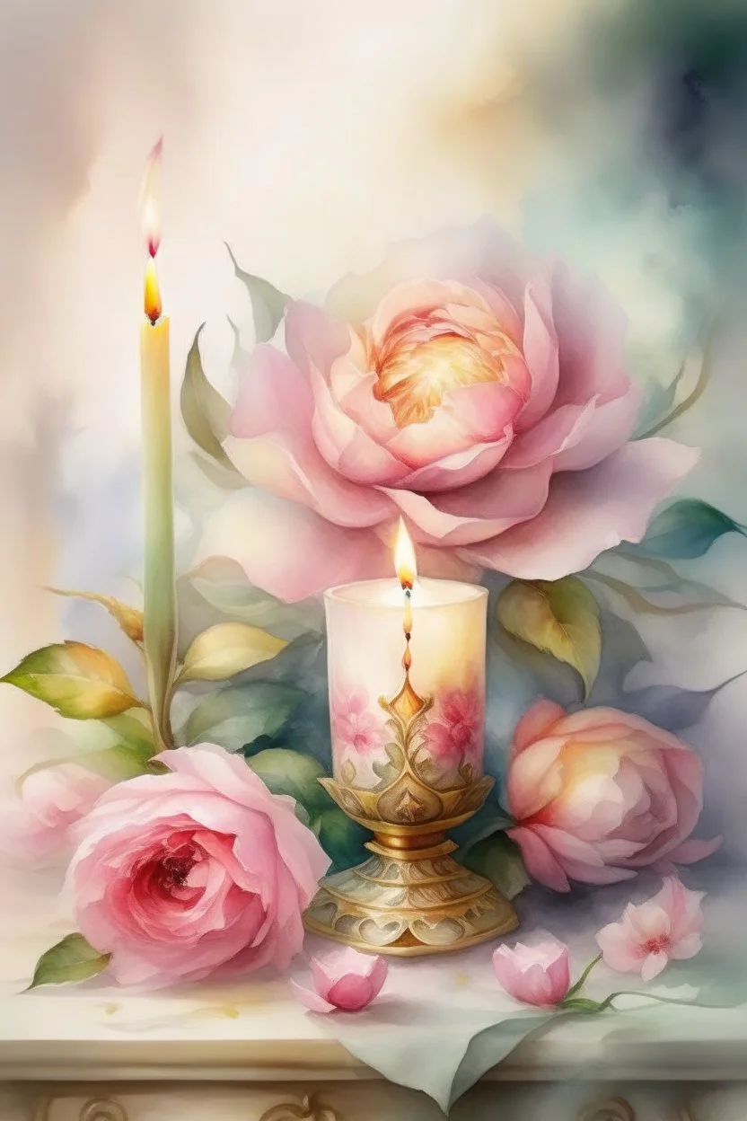 MAGIC A PYRAMID CANDLE IS BURNING AROUND WONDERFUL FLOWERS English watercolor, Smoky cream, pale gray, pale pink, pink background. bright light, a bouquet of roses on the table are pale pink, pale bordeaux, white, ochre. green stems, the light is translucent. Watercolor, fine ink drawing, peonies in an hourglass, elegant gold inlay, rich interior rose of the valley, leaves, nature, beautiful raindrops, beautiful fog, over a beautiful rainbow, fantasy, romantic dreamy mood, special attractions