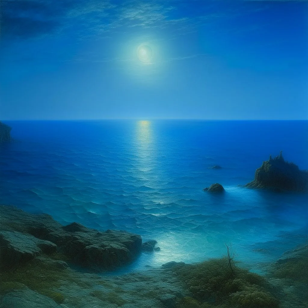 A cerulean blue glacial ocean painted by John Atkinson Grimshaw
