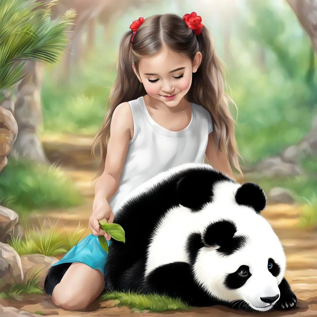 very beautiful realistic10 years old girl playing with a panda