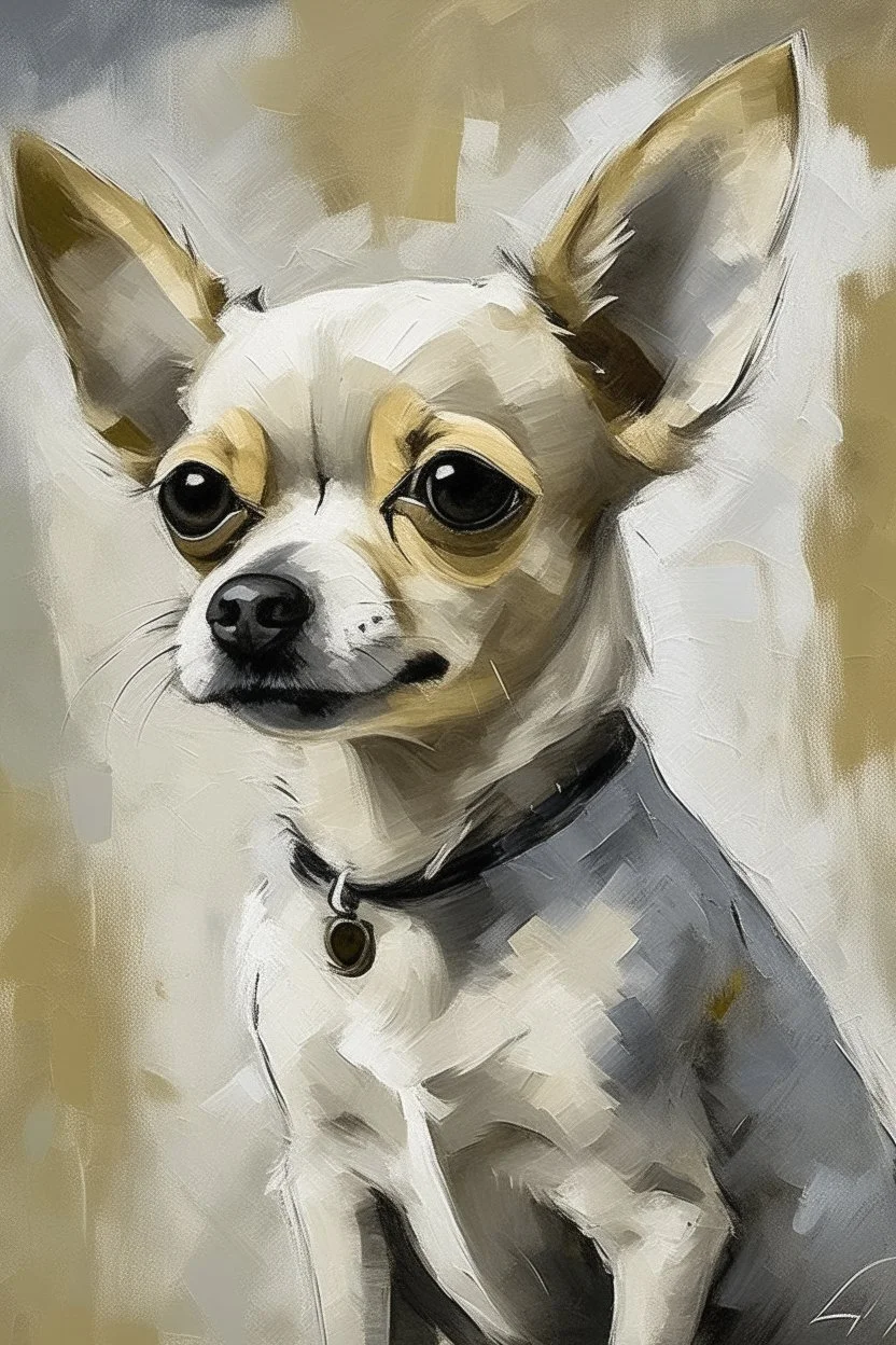 This image is a striking painting of a chihuahua The dog is facing forward with a slightly tilted head, giving it a curious and endearing expression. Its fur is rendered with expressive, textured impasto brushstrokes in earthy tones—creamy whites, browns, and hints of gray—that create a sense of depth and movement. The background is a soft, muted gray, which contrasts beautifully with the warm tones of the dog and helps it stand out as the focal point. The overall style blends realism with impre