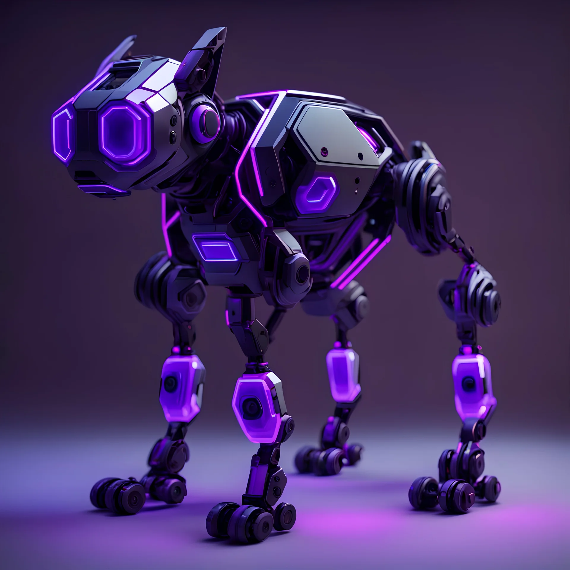 neon black and purple quadrupedal dog-like robot with a 3D hexagon head