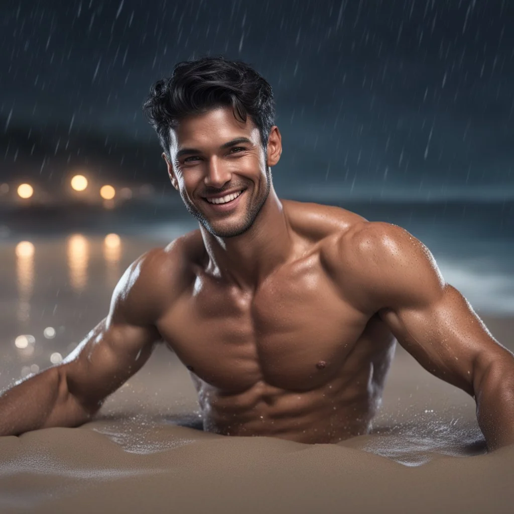 Hyper realistic very handsome shirtless muscular short black hair man smiling & lying down on a beach at rainy night