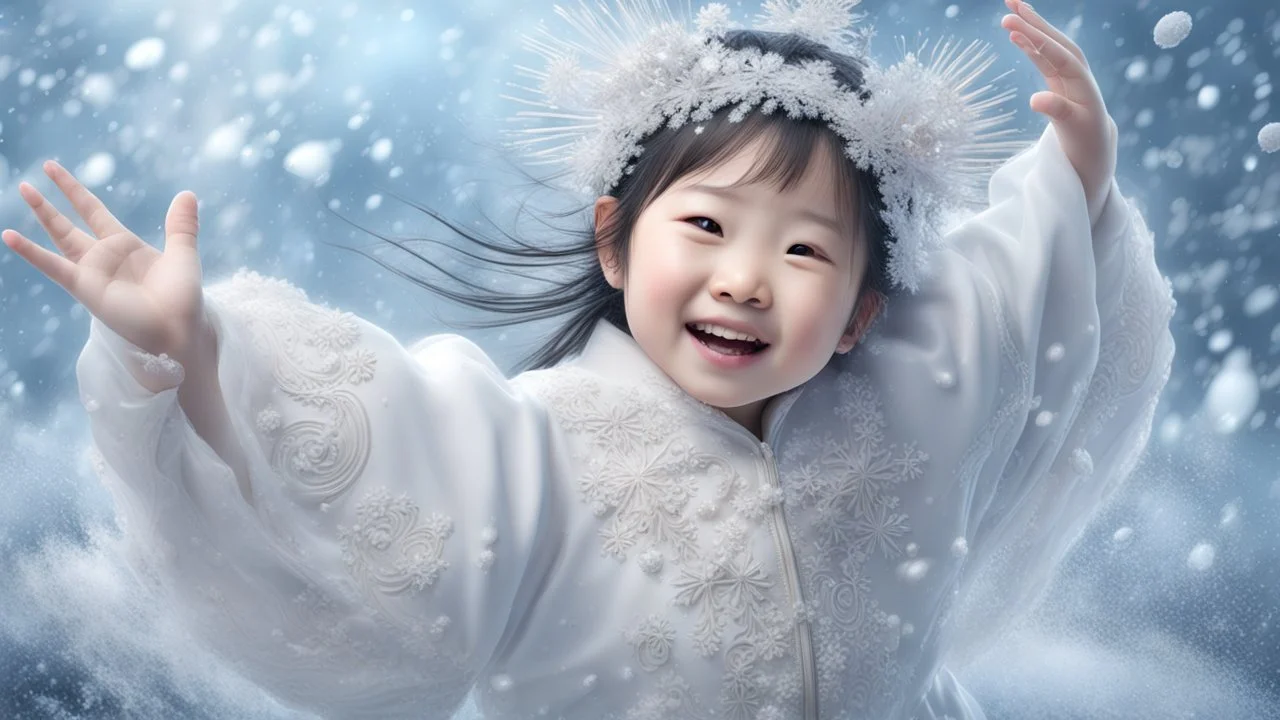 Magical Fantastic young happy Chinese female child, Liquid Structure, Flying snowflakes, excitement, Splash, Portrait Photography, Fantasy Background, Intricate Patterns, Ultra Detailed, Luminous, Radiance, Ultra Realism, Complex Details, Intricate Details, 16k, HDR, High Quality, Trending On Artstation, Sharp Focus, Studio Photo, Intricate Details, Highly Detailed