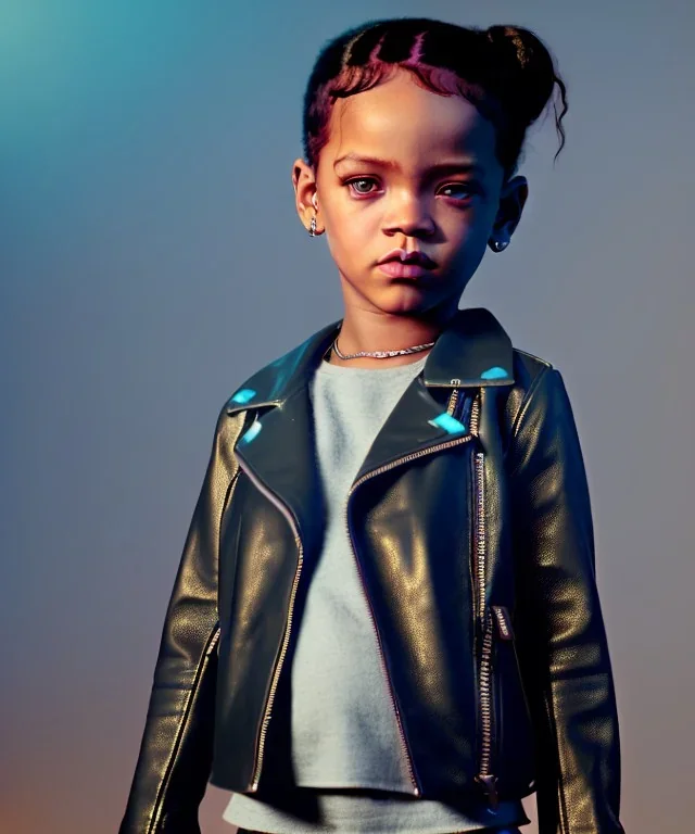 Rihanna toddler, full body, leather jacket, soft skin, dramatic lighting, hyper realistic