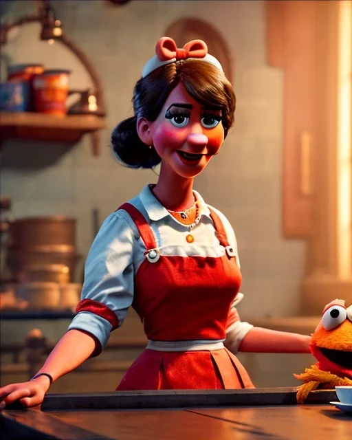 waitress woman with Sesame Street muppet mask-head, concept art, retro style, smooth, unreal engine 5, god lights, ray tracing, RTX, lumen lighting, ultra detail, volumetric lighting, 3d.