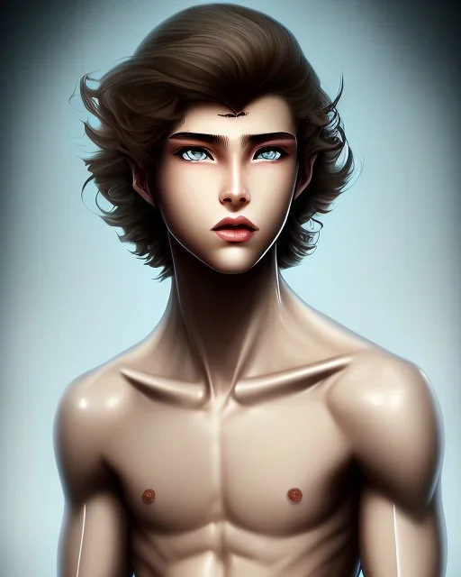 beautiful, slender, 12 year old arabic boy with very long curly hair and light blue eyes, shirtless