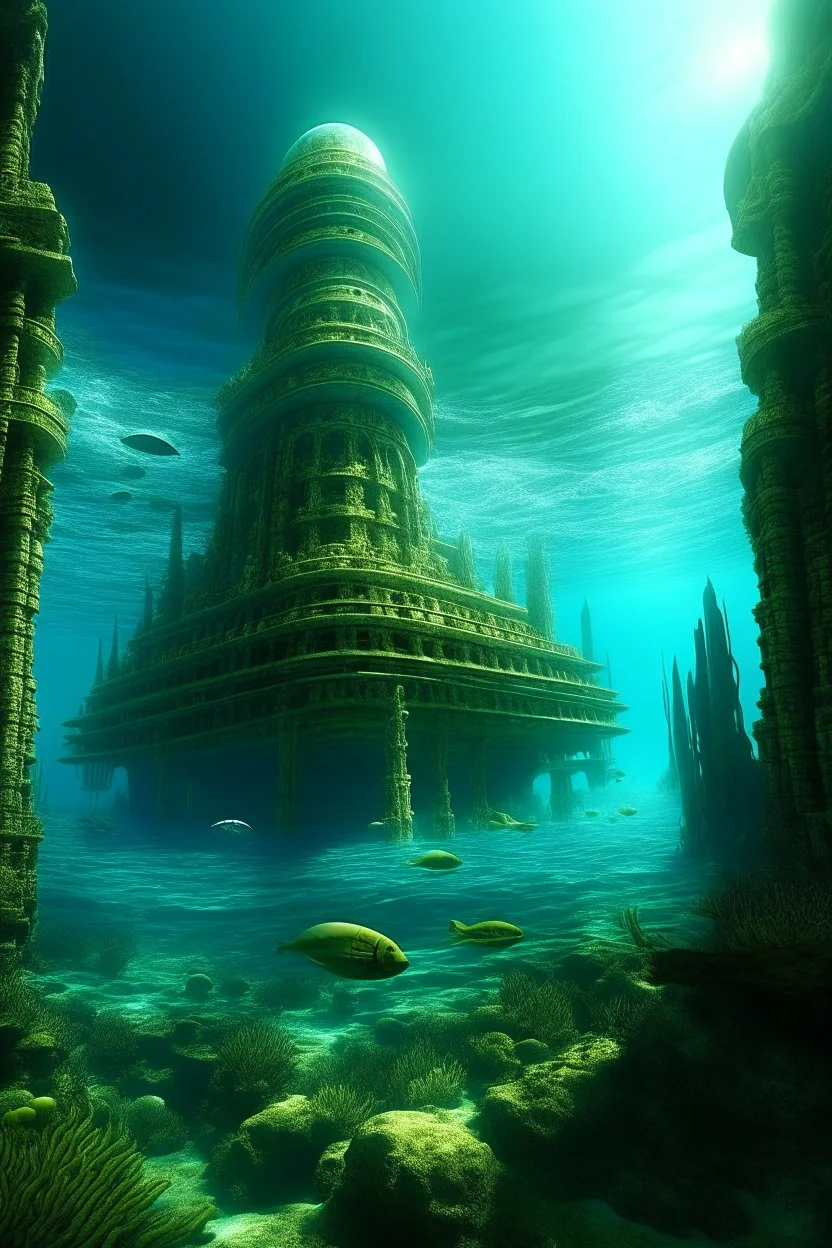 pemandangan atlantis di dalam air dengan peradaban super maju nya ketika sedang dalam masa paling jaya nya sebelum akhirnya tenggelam