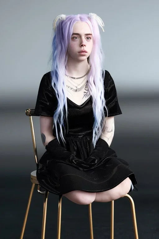 Billie Eilish, sitting on a chair, Black Short Dress, pale skin, high detail, realistic, 8k