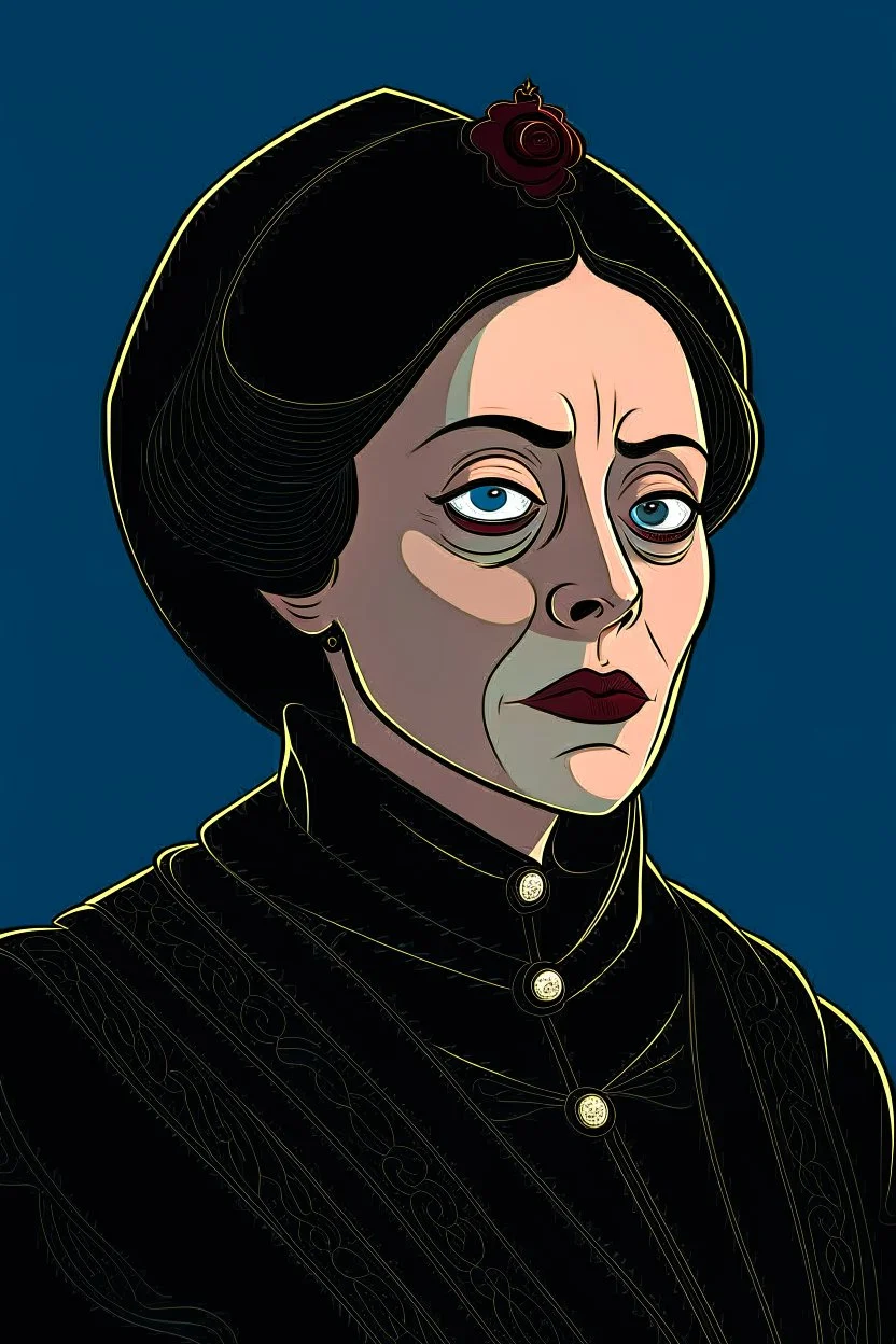 A portrait of a 40-years old aristocrat woman from XV century in strict dark clothes, authoritative, cold, emotionless, in the style of Genndy Tartakovsky's cartoons, uncovered head